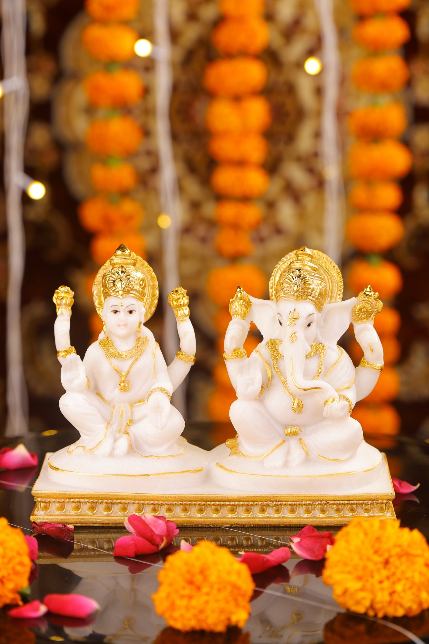 5" Laxmi Ganesha sitting Marble statue with Gold pedestal | Ideal for temple or showpiece