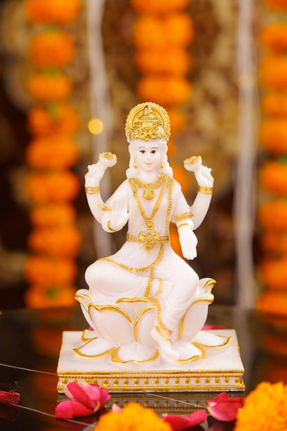 5" Laxmi Sitting Marble statue on lotus with gold tone | Ideal for temple or showpiece