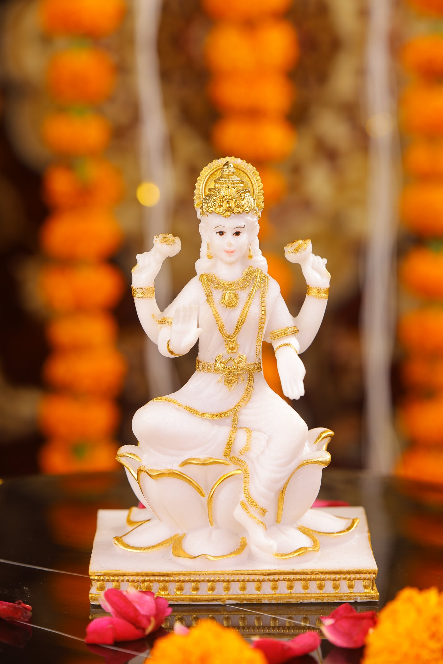 5" Laxmi Sitting Marble statue on lotus with gold tone | Ideal for temple or showpiece