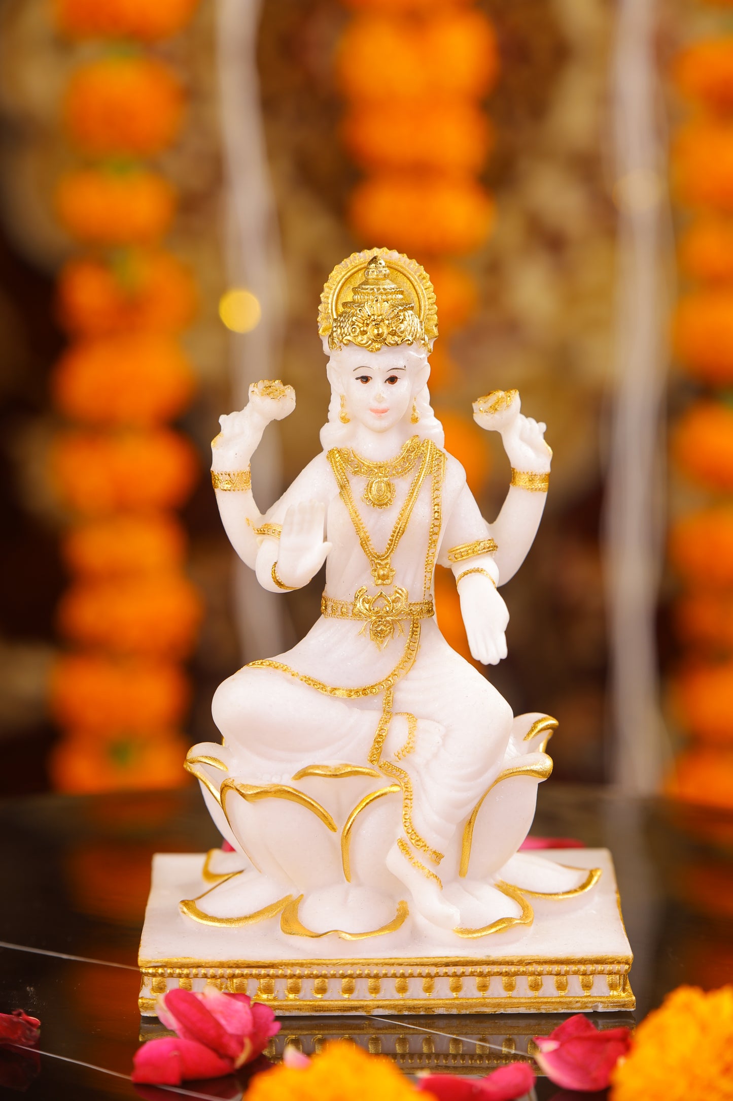 5" Laxmi Sitting Marble statue on lotus with gold tone | Ideal for temple or showpiece