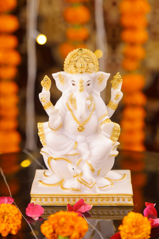 5" Ganesha sitting Marble statue on golden pdestal | Ideal for temple or showpiece