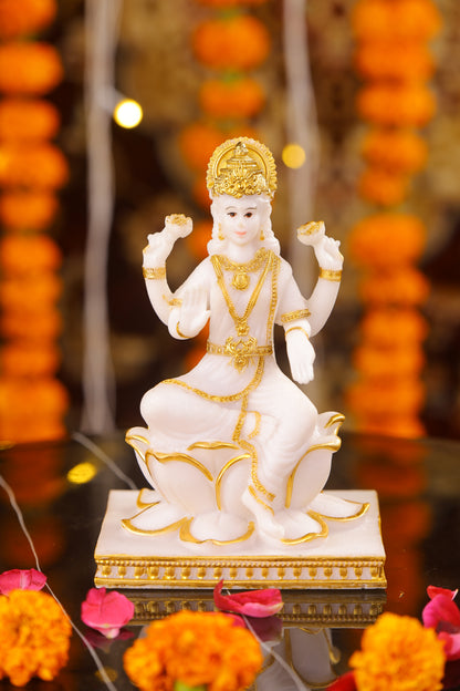 5" Laxmi Sitting Marble statue on lotus with gold tone | Ideal for temple or showpiece