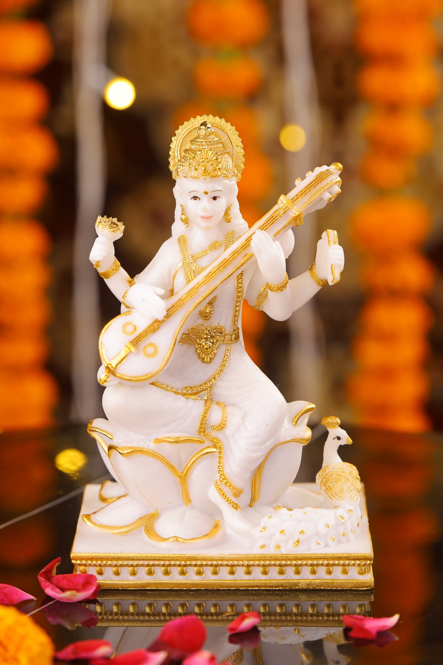 5" Saraswati Sitting Gold toned Marble statue on lotus with Veena | Ideal for temple or showpiece