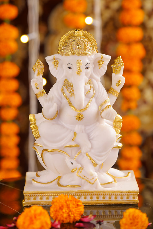 8" Ganesha sitting Marble statue on golden pdestal | Ideal for temple or showpiece