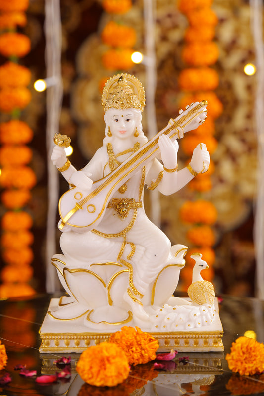 8" Saraswati Sitting Gold toned Marble statue on lotus with Veena | Ideal for temple or showpiece