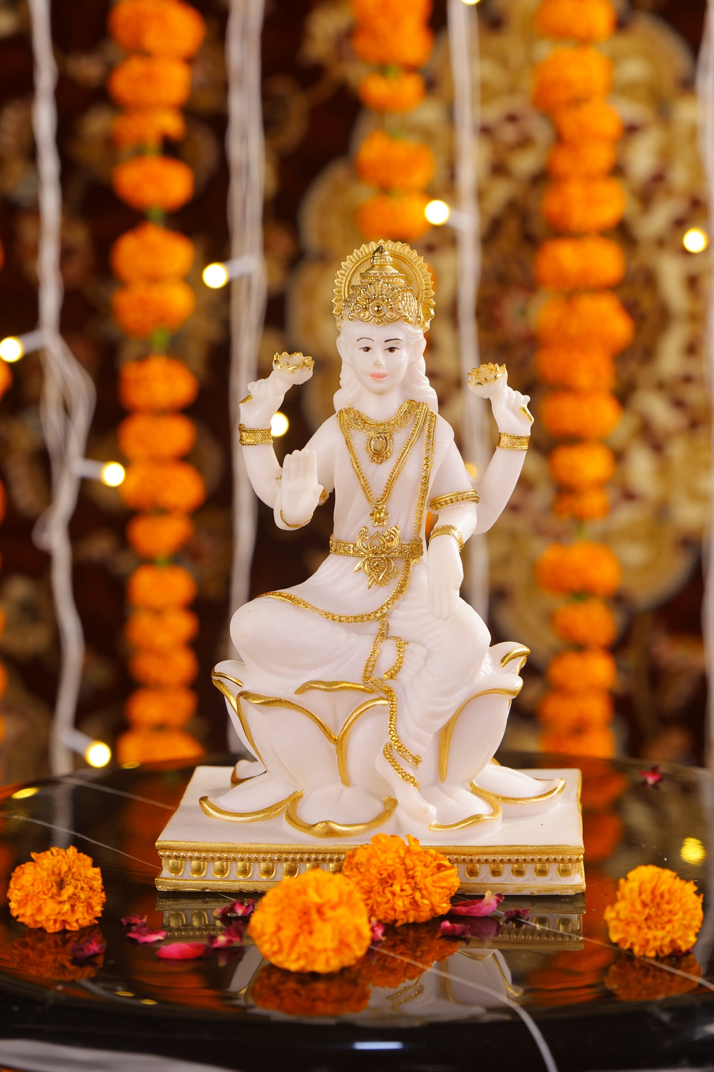 8" Laxmi Sitting Marble statue on lotus with gold tone | Ideal for temple or showpiece