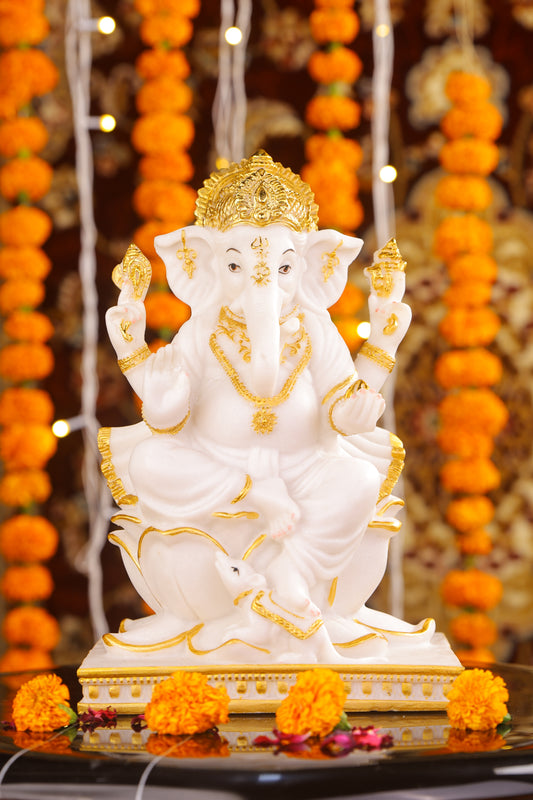 10" Ganesha sitting Marble statue on golden pedestal | Ideal for temple or showpiece