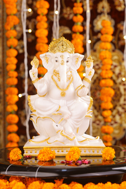 10" Ganesha sitting Marble statue on golden pedestal | Ideal for temple or showpiece