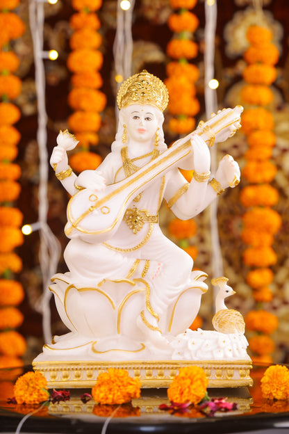 10" Saraswati Sitting Gold toned Marble statue on lotus with Veena | Ideal for temple or showpiece