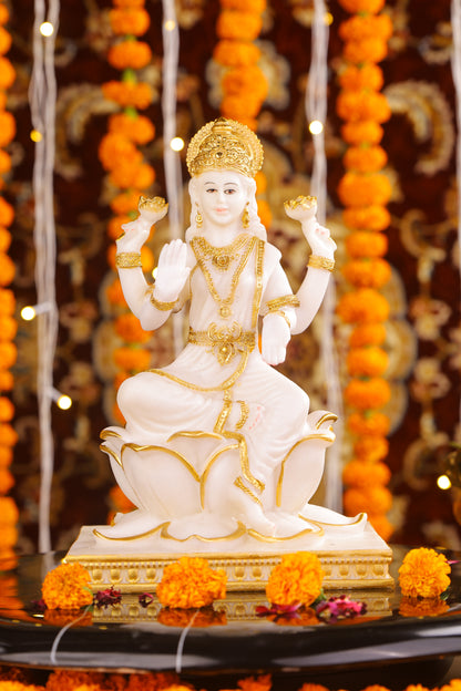 10" Laxmi Sitting Marble statue on lotus with gold tone | Ideal for temple or showpiece