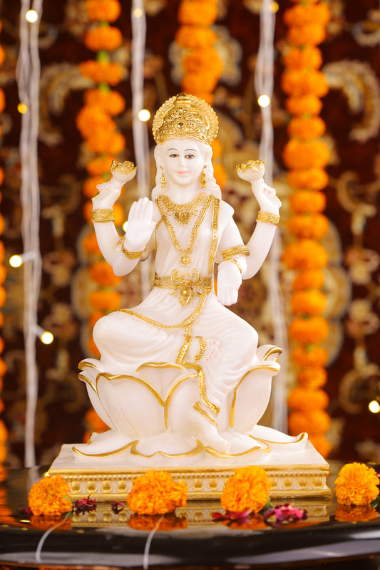 10" Laxmi Sitting Marble statue on lotus with gold tone | Ideal for temple or showpiece