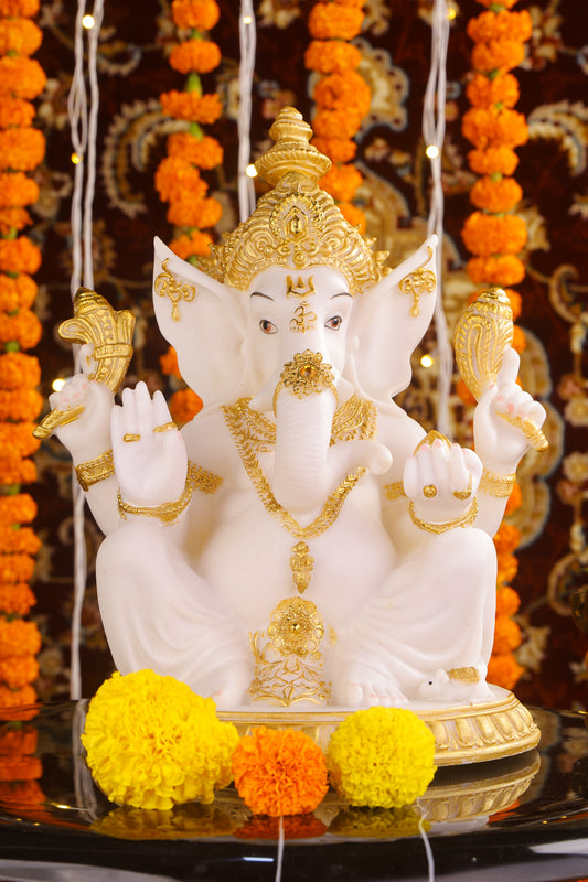 11" Ganesha sitting Marble statue on golden pdestal | Ideal for temple or showpiece