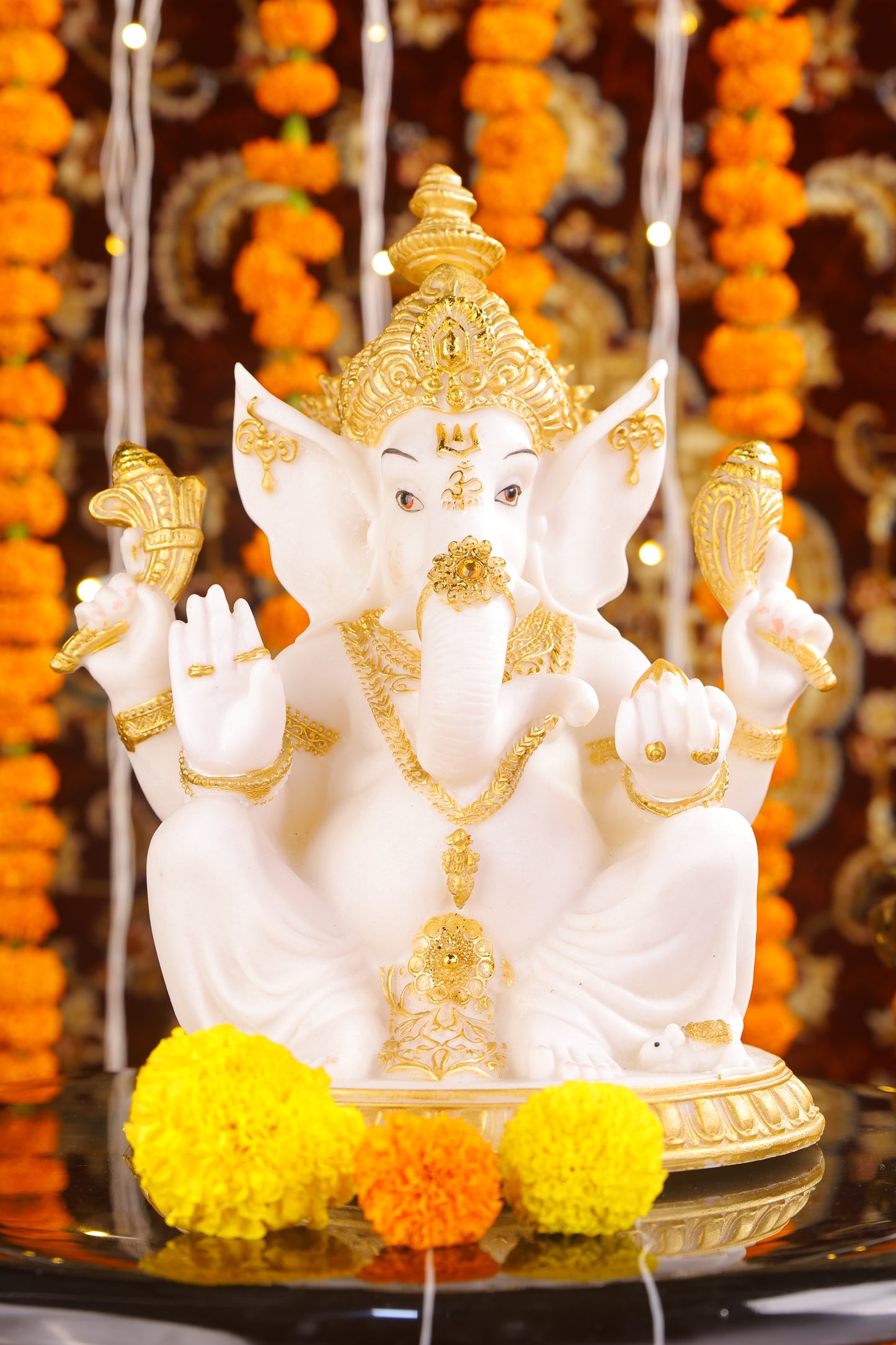 11" Ganesha sitting Marble statue on golden pdestal | Ideal for temple or showpiece