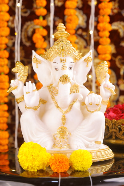 11" Ganesha sitting Marble statue on golden pdestal | Ideal for temple or showpiece