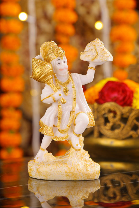 6" Hanuman Pawansut Mahabali standing Marble statue with Parvat | Ideal for temple or showpiece