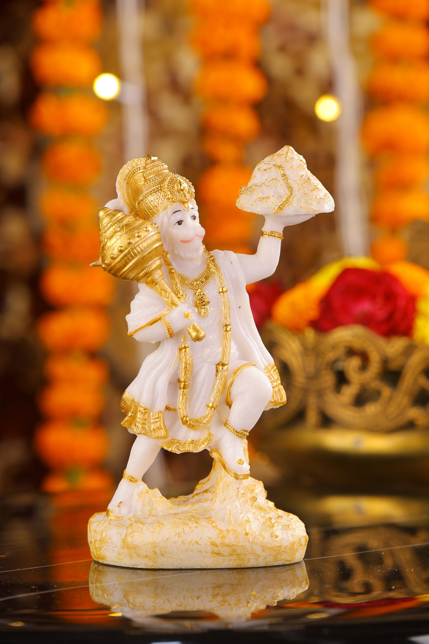 6" Hanuman Pawansut Mahabali standing Marble statue with Parvat | Ideal for temple or showpiece