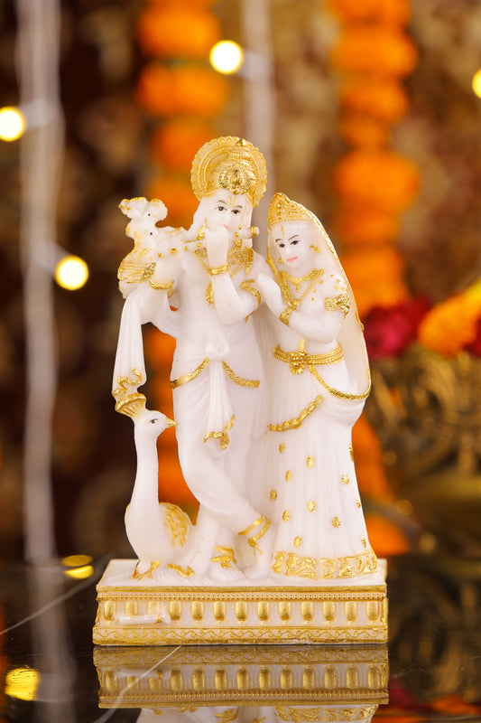 6" Radha Krishna with Bansuri standing white Marble statue Gold tone | Ideal for temple or showpiece