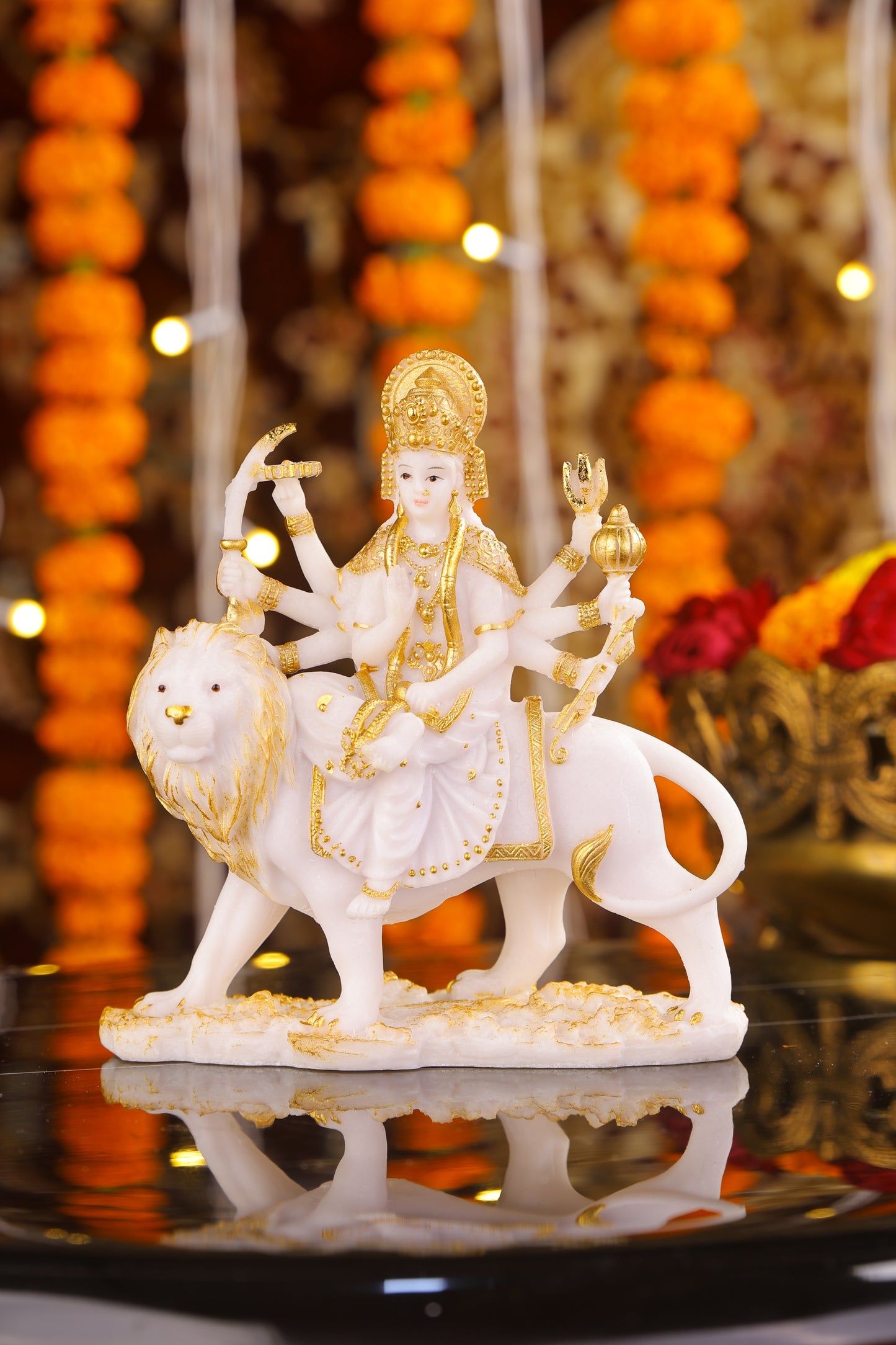 6" Maa Sherawali Jagdambe Durga Ji Marble statue with Gold tone| Ideal for temple or showpiece