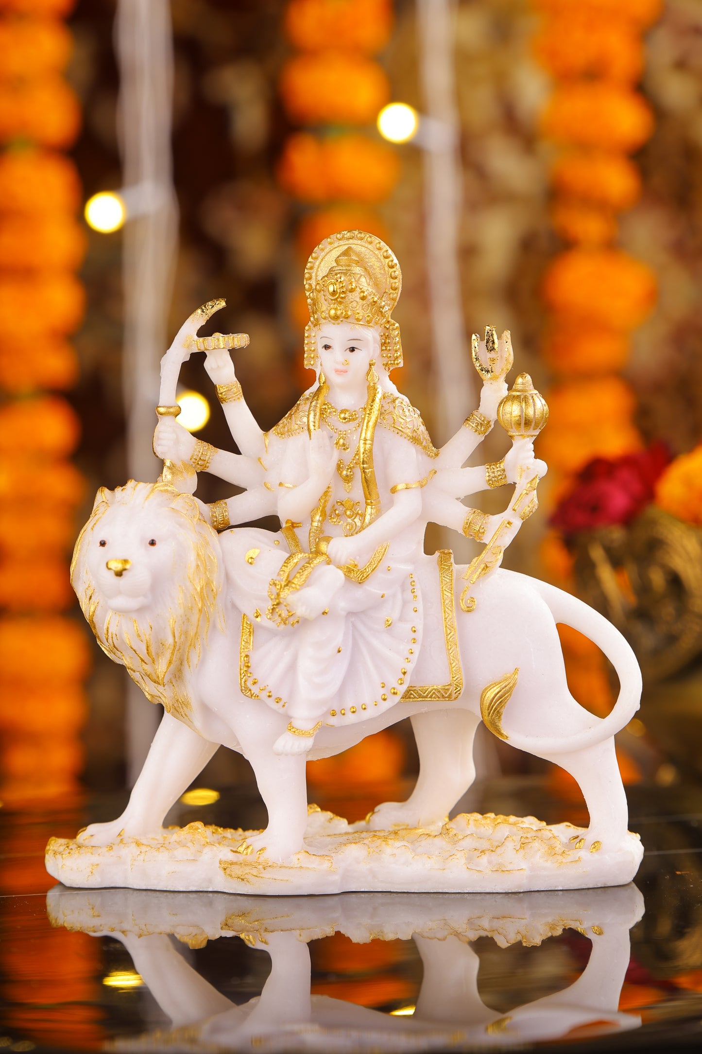 6" Maa Sherawali Jagdambe Durga Ji Marble statue with Gold tone| Ideal for temple or showpiece