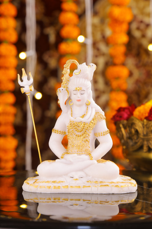 6" Shiva Samadhi Meditation statue with Trishul in White marble with gold tone | Ideal for temple or showpiece