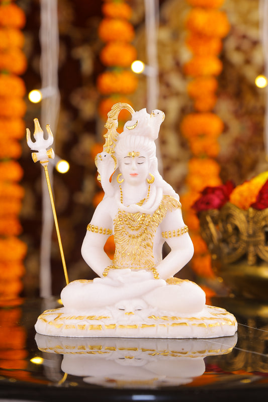 6" Shiva Samadhi Meditation statue with Trishul in White marble with gold tone | Ideal for temple or showpiece