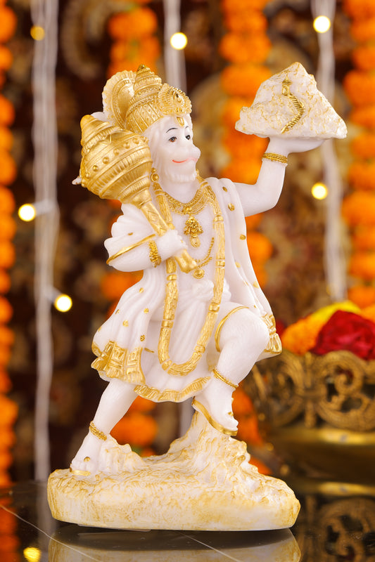 9" Hanuman Pawansut Mahabali standing Marble statue with Parvat | Ideal for temple or showpiece