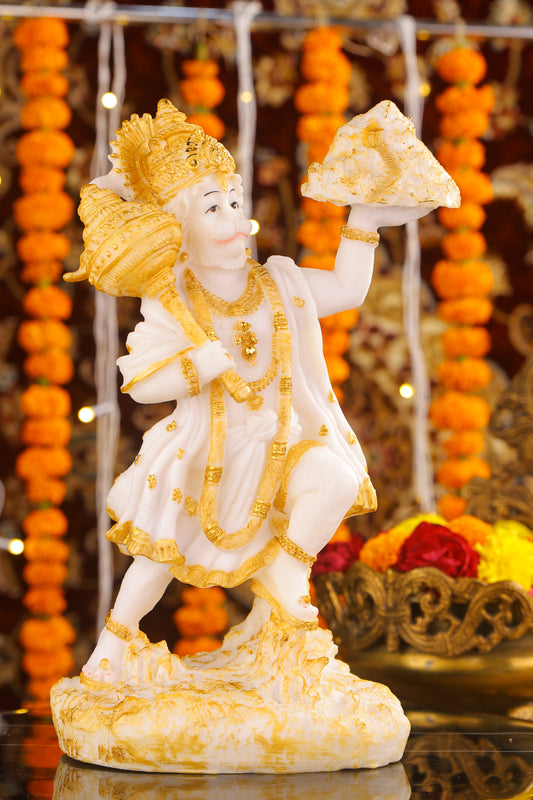 11" Hanuman Pawansut Mahabali standing Marble statue with Parvat | Ideal for temple or showpiece