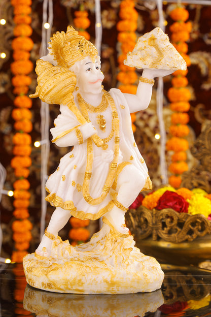 11" Hanuman Pawansut Mahabali standing Marble statue with Parvat | Ideal for temple or showpiece