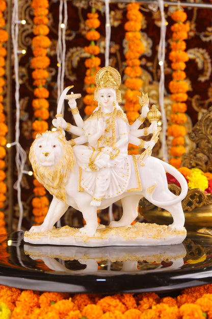 9" Maa Sherawali Jagdambe Durga Ji Marble statue with Gold tone| Ideal for temple or showpiece