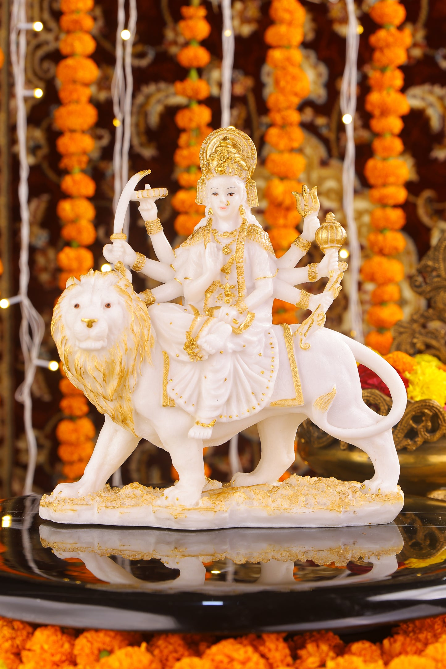 9" Maa Sherawali Jagdambe Durga Ji Marble statue with Gold tone| Ideal for temple or showpiece