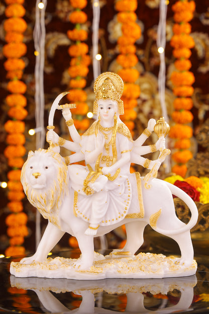 10" Maa Sherawali Jagdambe Durga Ji Marble statue with Gold tone| Ideal for temple or showpiece