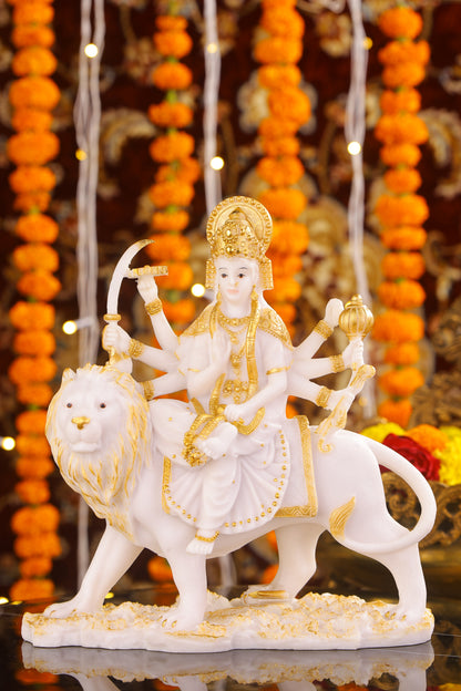 10" Maa Sherawali Jagdambe Durga Ji Marble statue with Gold tone| Ideal for temple or showpiece