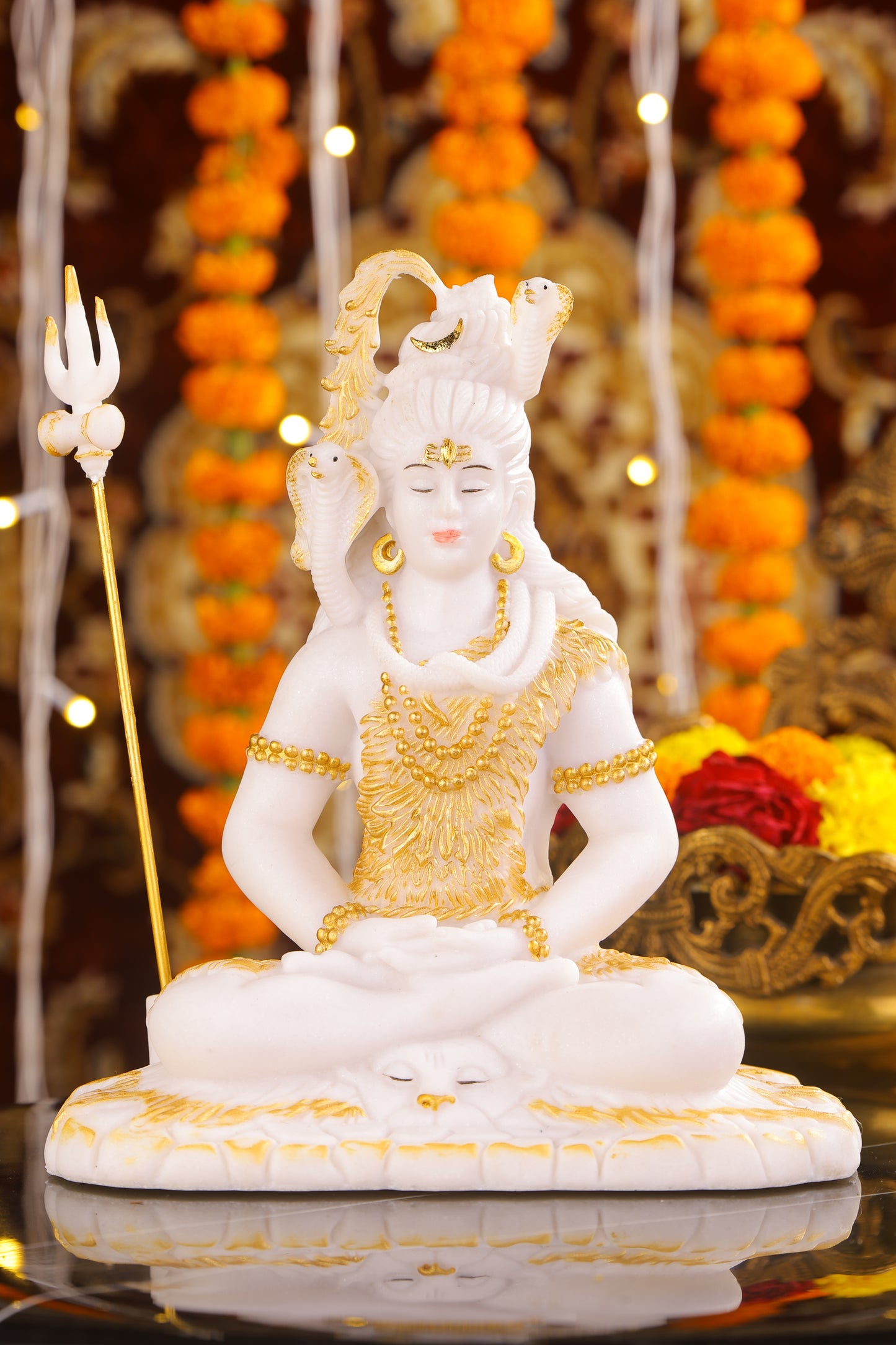 11" Shiva Samadhi Meditation statue with Trishul in White marble with gold tone | Ideal for temple or showpiece