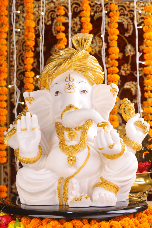 18" Ganesha sitting Marble statue with golden turban and modak | Ideal for temple or showpiece