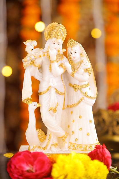 8" Radha Krishna with Bansuri standing white Marble statue Gold tone | Ideal for temple or showpiece