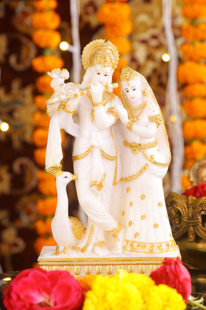 8" Radha Krishna with Bansuri standing white Marble statue Gold tone | Ideal for temple or showpiece