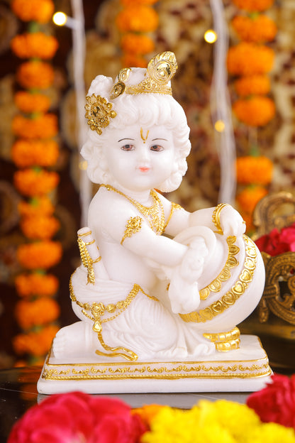 8" Baby Krishna - Cute Makhan chor Bal Gopal Marble statue with gold tone | Ideal for temple or showpiece