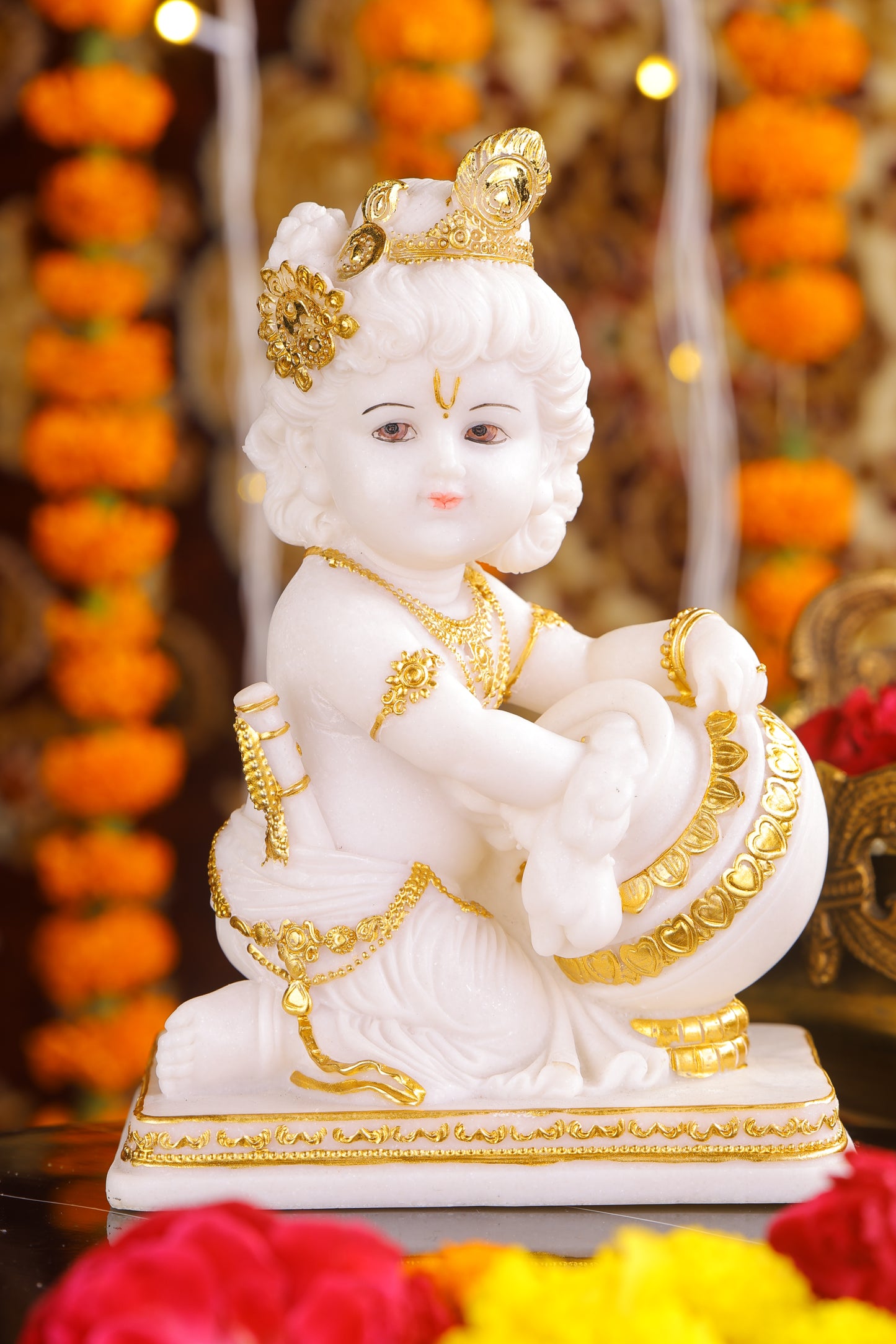 8" Baby Krishna - Cute Makhan chor Bal Gopal Marble statue with gold tone | Ideal for temple or showpiece