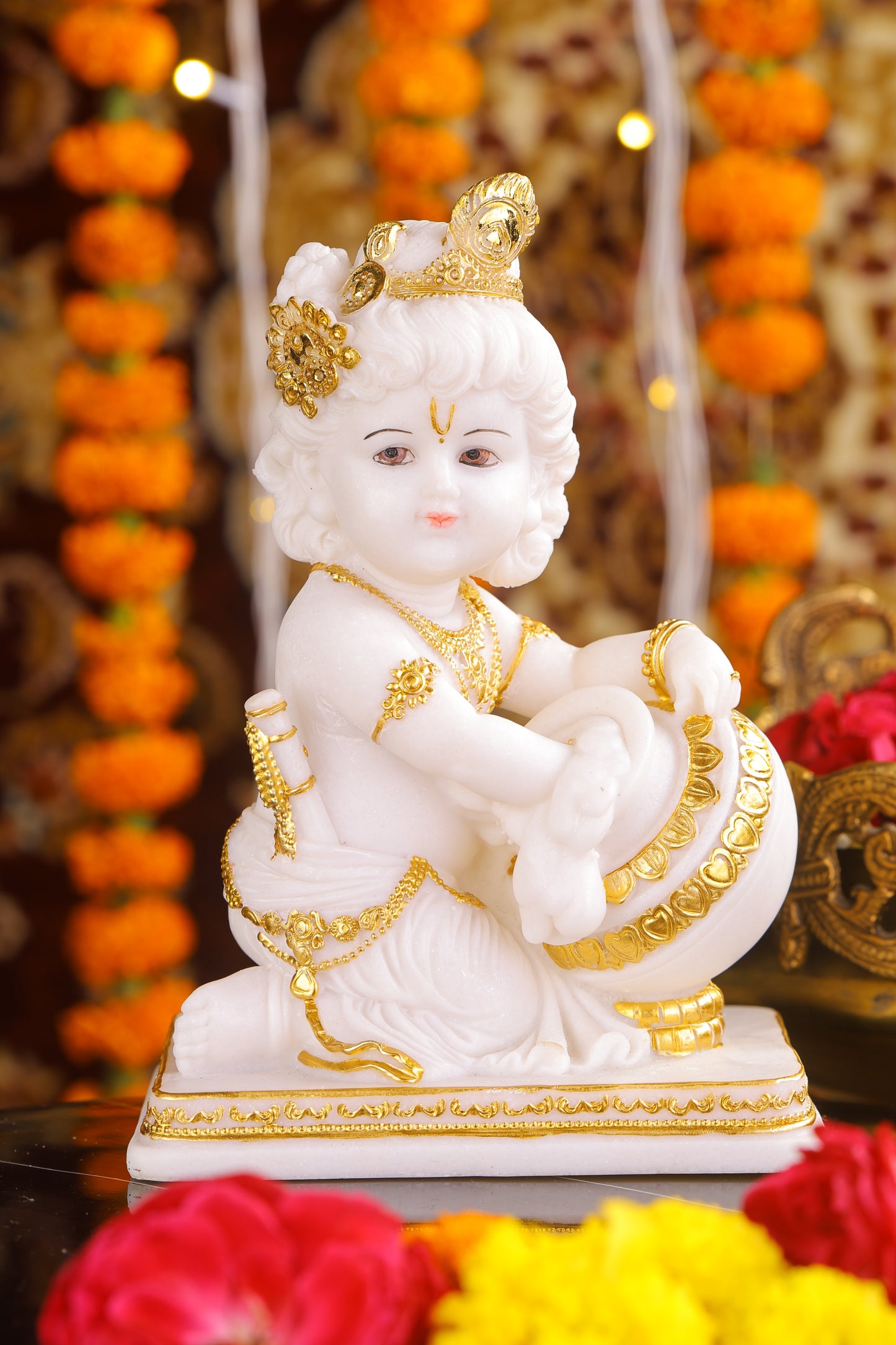 8" Baby Krishna - Cute Makhan chor Bal Gopal Marble statue with gold tone | Ideal for temple or showpiece