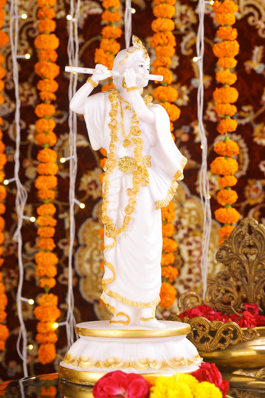 18" Standing Krishna with Bansuri - White Decorative Marble statue with Gold tone | Ideal for temple or showpiece