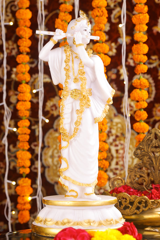 18" Standing Krishna with Bansuri - White Decorative Marble statue with Gold tone | Ideal for temple or showpiece