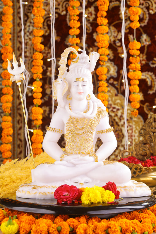 16" Shiva Samadhi Meditation statue with Trishul in White marble with gold tone | Ideal for temple or showpiece