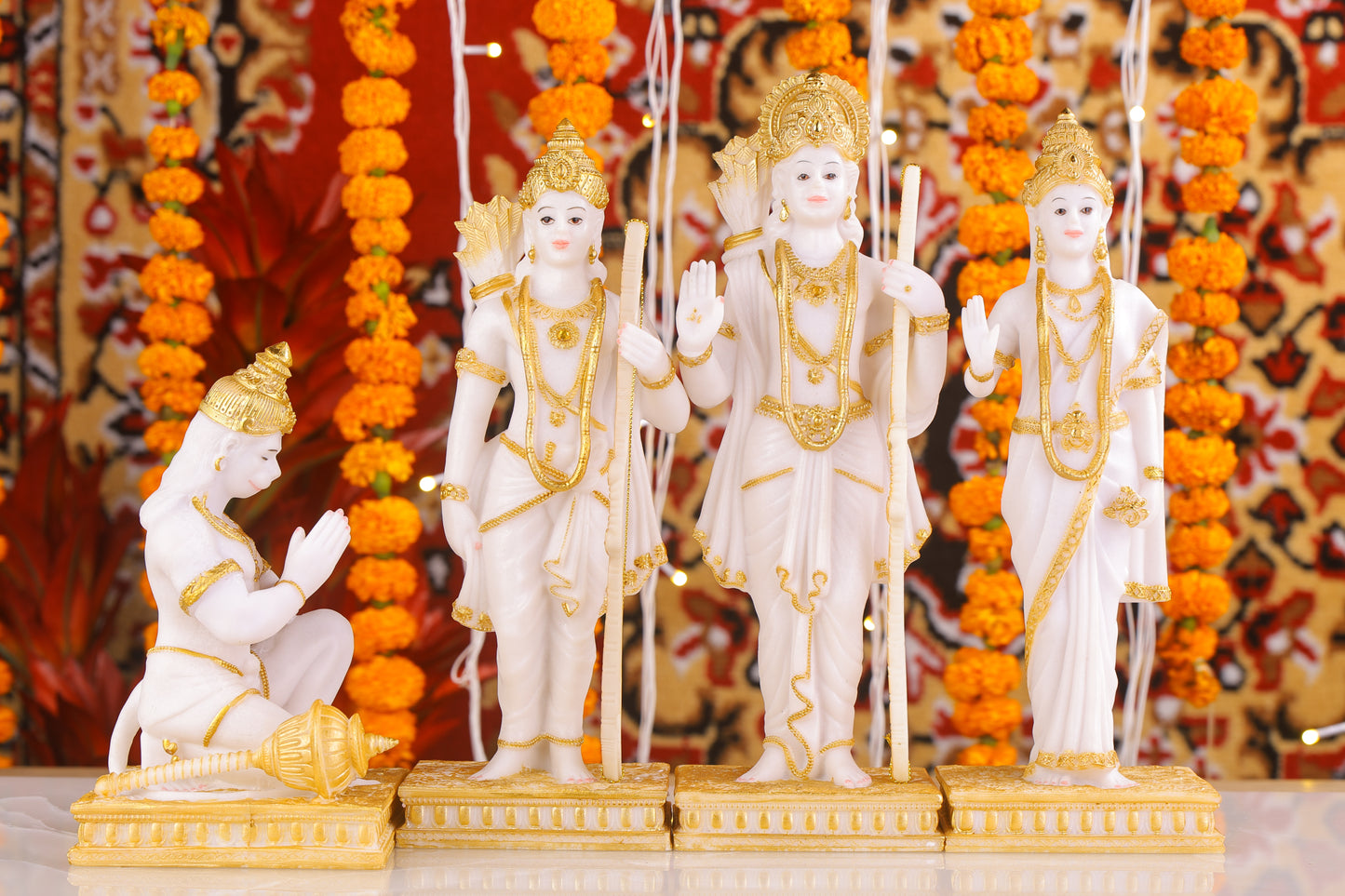 12" Ram Darbaar Marble statue with Gold tone - Shree Ram Ma Sita Laxman And Hanuman Darbar Idol for home temple