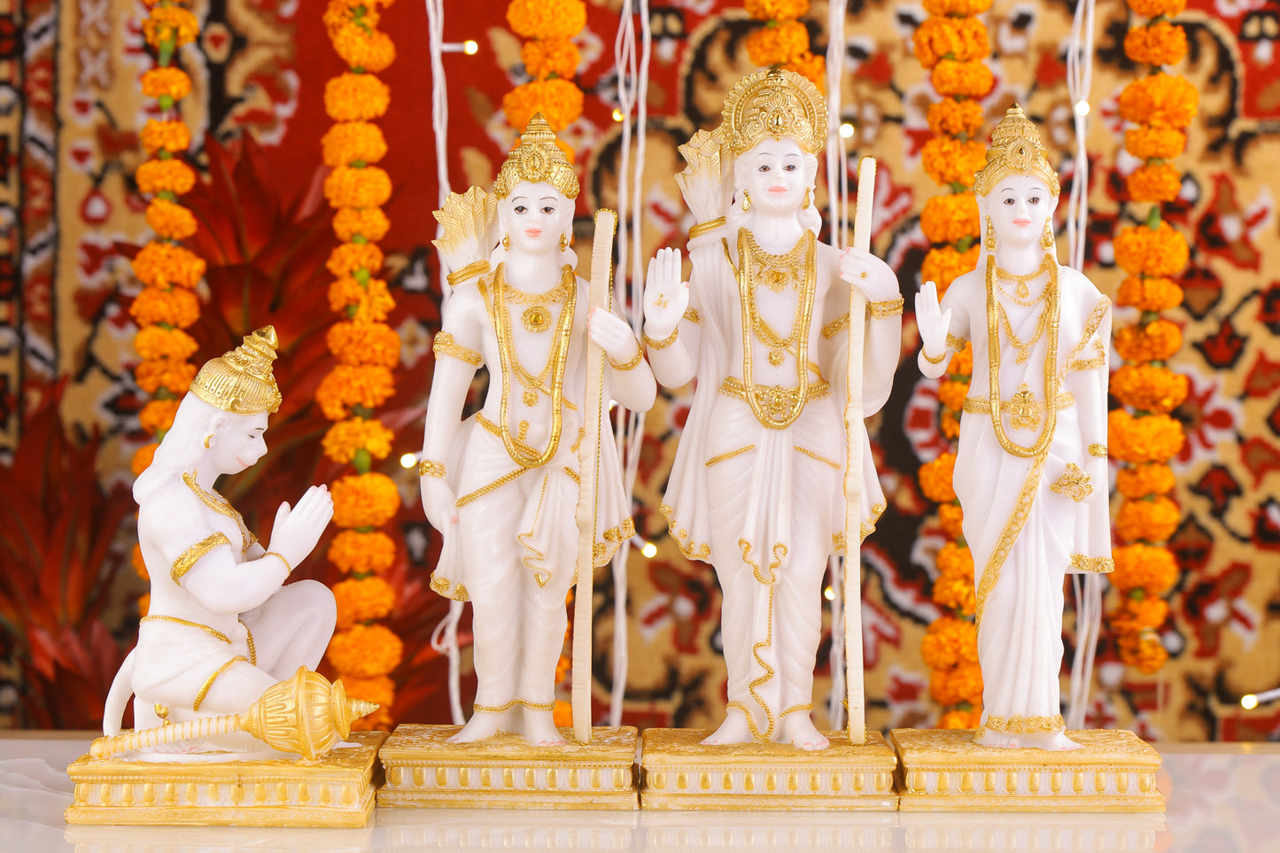 12" Ram Darbaar Marble statue with Gold tone - Shree Ram Ma Sita Laxman And Hanuman Darbar Idol for home temple