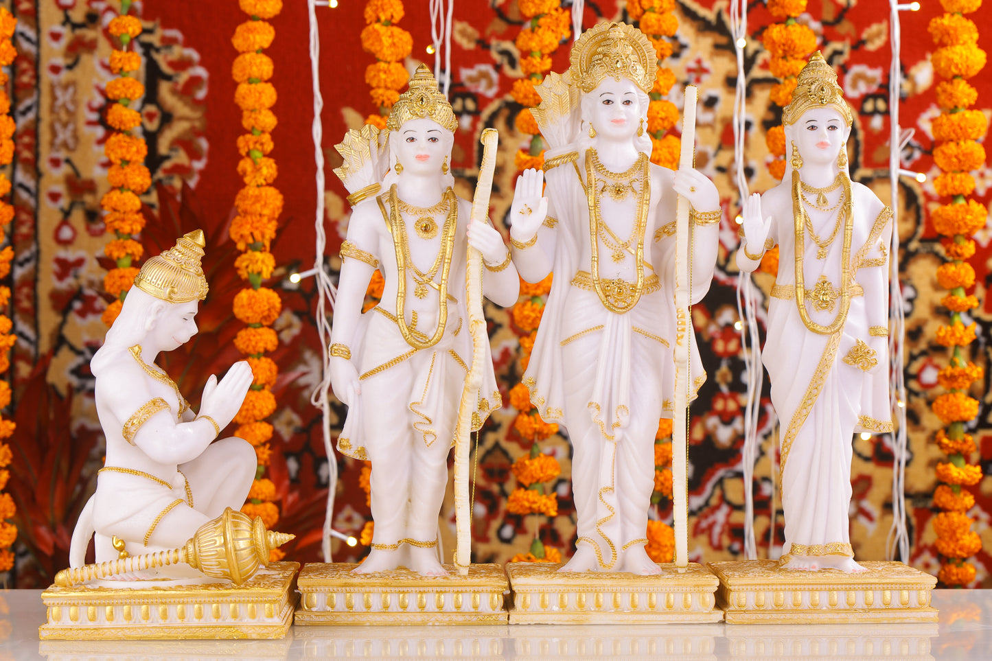 14" Ram Darbaar Marble statue with Gold tone - Shree Ram Ma Sita Laxman And Hanuman Darbar Idol for home temple